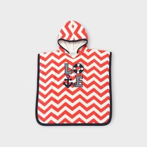 Red Chevron Hooded Kids Poncho Towel with Nautical 'LOVE' Design